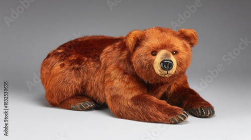 A lifelike brown stuffed bear with textured fur lies gracefully against a neutral gray backdrop