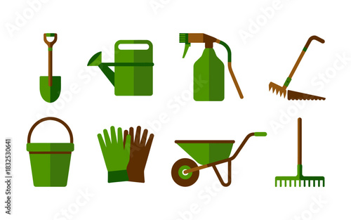 Collection of essential green gardening tools including a shovel watering can spray bottle broom wheelbarrow gloves bucket and rake for outdoor planting and maintenance
