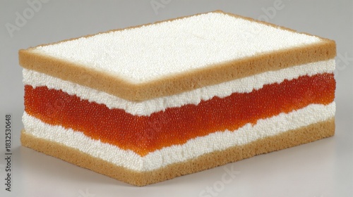 A layered, rectangular food item with a creamy white filling and vibrant orange middle layer