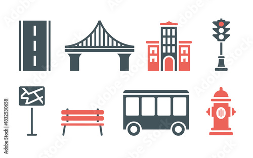 Urban cityscape icons set featuring road bridge building traffic light signpost bench bus and fire hydrant for city planning and transportation concepts