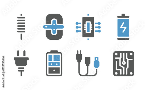 Collection of eight stylized vector icons representing various electrical components and power sources including batteries plugs and circuit boards designed for technology and energy concepts