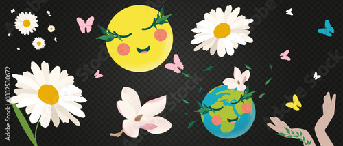 Cute spring and summer vector set with happy sun, Earth, daisies, magnolias, butterflies, and caring hands. Ideal for nature, ecology, seasonal designs on transparent background.