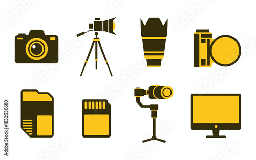 Collection of photography equipment icons including a dslr camera tripod lens camera bag memory card gimbal stabilizer and computer monitor for creative professionals and hobbyists