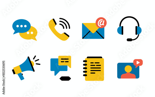 Collection of communication and contact icons including speech bubbles phone email headset megaphone chat document and video call for digital and business concepts