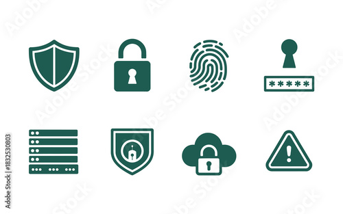 Digital security and privacy icons representing data protection identity verification network safety and cybersecurity threats with a clean and modern flat design