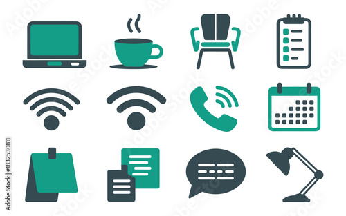 Collection of modern flat design icons representing office and remote work essentials including a laptop coffee chair clipboard wi fi phone calendar documents and desk lamp