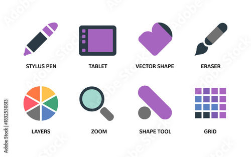 Collection of digital art and design tools icons including stylus pen tablet vector shapes eraser layers zoom shapetool and grid for creative software and graphic design concepts