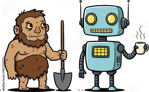 Cartoon caveman holding a shovel standing next to a friendly blue robot holding a steaming cup of coffee