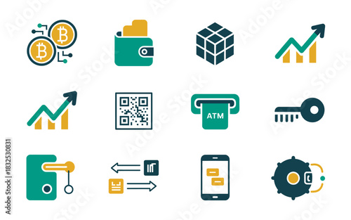 A collection of modern flat design icons representing cryptocurrency digital finance security and technology ideal for web and app design projects