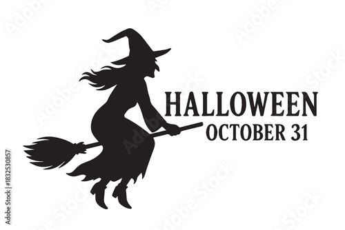 A vector silhouette of a witch flying on a broomstick, captured in a dynamic Halloween themed pose with flowing robes and a pointed hat, creating a spooky yet playful magical atmosphere.