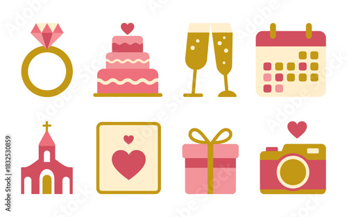 A collection of charming flat design icons representing elements of a wedding celebration including a diamond ring tiered cake champagne flutes calendar church greeting card gift box and camera