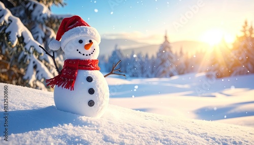 Charming Snowman with Santa Hat and Scarf in Snowy Winter Landscape at Golden Hour.
