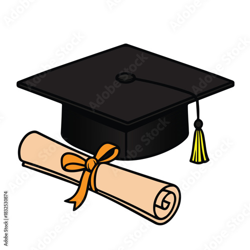 A vector illustration featuring a classic graduation cap paired with a rolled diploma, designed with clean lines and balanced shapes to symbolize achievement, academic success, and celebration.