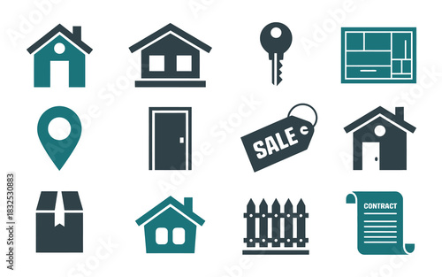 Collection of real estate icons including houses key floor plan location pin door sale tag package fence and document representing property buying and selling services