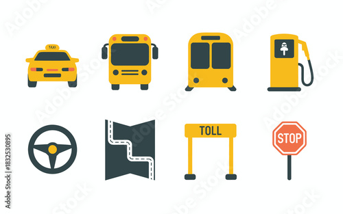 Collection of yellow transportation and road safety icons including a taxi bus subway train gas pump steering wheel road map toll booth and stop sign isolated on a white background