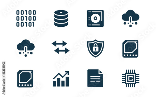 A collection of twelve dark blue digital icons representing various technology and data concepts including binary code cloud computing data storage security and networking on a white background