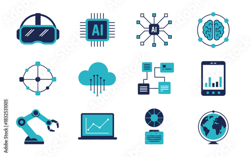 Collection of modern technology icons representing artificial intelligence virtual reality cloud computing data analysis robotics and global connectivity for digital innovation and future concepts