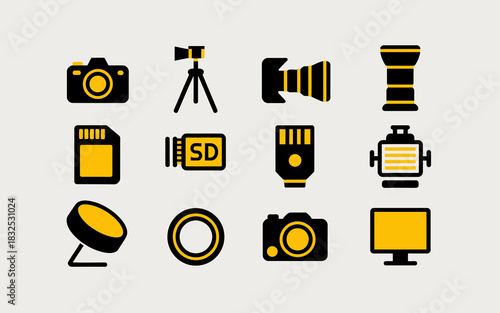 A collection of photography and videography equipment icons including cameras lenses tripods memory cards lights and monitors presented in a clean graphic style