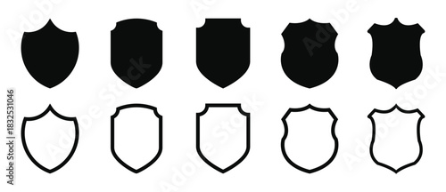 Classic shield badge silhouette collection for graphic design, emblem creation, logo templates and security icon artwork