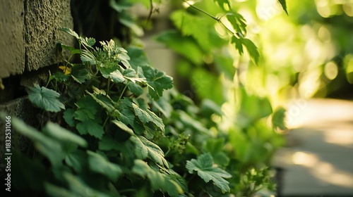 Lush greenery clinging to a weathered stone wall