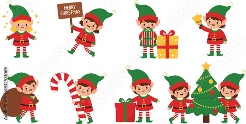 Collection of cute cartoon Christmas elves in red and green costumes doing various holiday activities like holding gifts, decorating tree, ringing bells, and smiling.