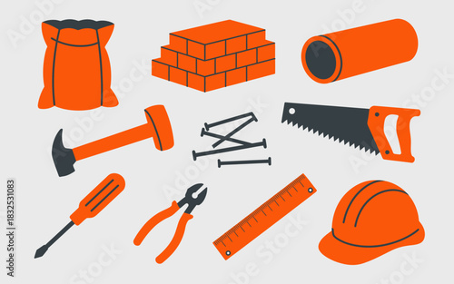 A collection of bright orange construction tools and materials including bricks a saw hammer screwdriver pliers a hard hat nails a bag and a pipe isolated on a light gray background