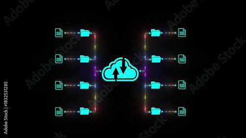 glowing neon cloud technology and data management on palm. Cloud computing concept with streaming data transfer.4k video animated.