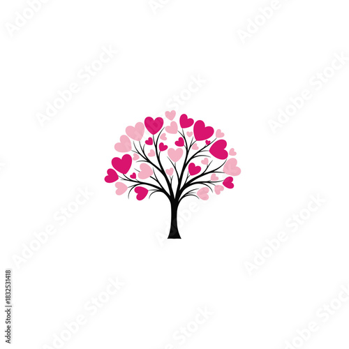 Whimsical heart tree with pink and red blossoms on a white background