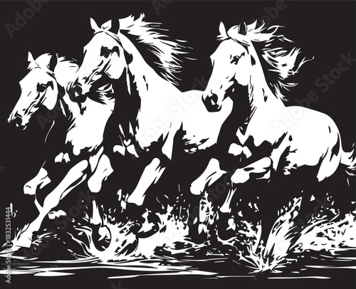 Rushing Horses: A dynamic image captures a trio of wild horses galloping powerfully across a body of water, their manes flowing in the wind, a testament to freedom and untamed spirit.