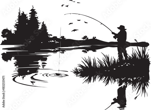 Silhouette of Serenity: A lone angler casts a line into a calm lake at sunrise, surrounded by the tranquil beauty of nature.