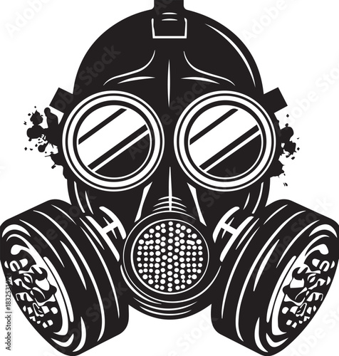 Gas Mask Silhouette: A striking monochrome illustration of a gas mask, its intricate details and circular lenses conveying a sense of foreboding and protection.
