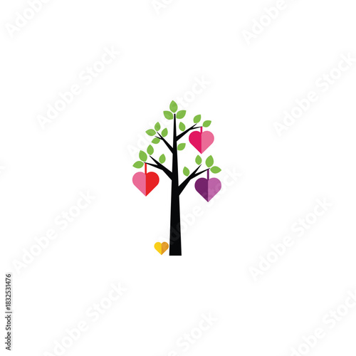 Whimsical tree bearing colorful heart shaped fruits with a yellow bucket below