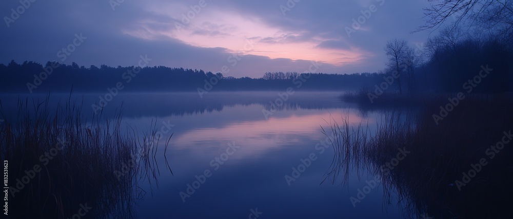 Fototapeta premium Misty lake at dawn/dusk, tranquil reflections