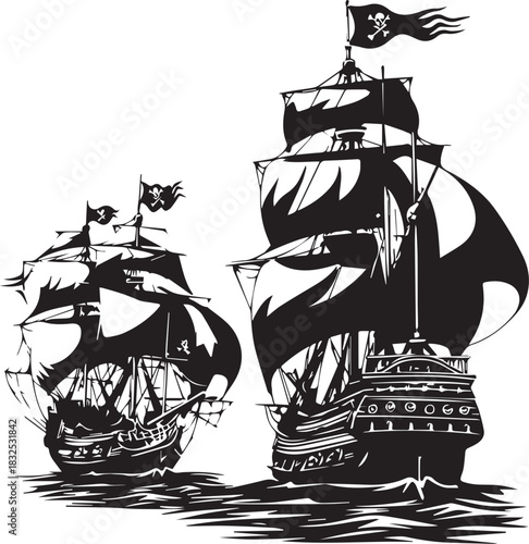 Sea Rovers of the Past: A classic illustration of two vintage pirate ships, with towering masts, billowing sails, and the ominous Jolly Roger fluttering, ready to set sail for adventure.