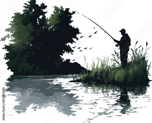 Serene Angler's Solitude: An lone angler casts a line into a tranquil lake, surrounded by lush vegetation and the gentle ripples of the water.
