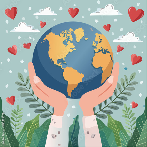 Hands cradle the Earth, symbolizing care and protection surrounded by lush greenery, floating hearts, and fluffy clouds, celebrating our planet