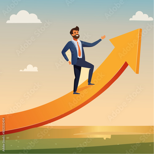 Businessman on an upward arrow, symbolizing growth and career advancement, with a successful outlook