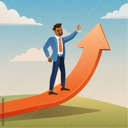 A determined businessman ascends an upward arrow, symbolizing career advancement and the relentless pursuit of success