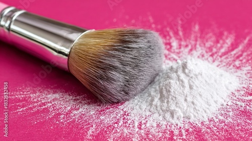 A makeup brush rests on a pink surface, surrounded by a pile of white cosmetic powder