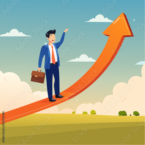 Dynamic vector illustration of a confident businessman ascending an upward arrow, representing strategic business growth, ambitious career progression, and the pursuit of future success