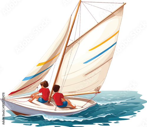 Sailing Adventure on the Water: Two figures embark on a nautical adventure, their small sailboat navigating the open water, propelled by the wind's embrace.