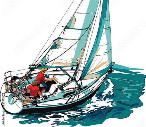 Sailboat on the Open Sea: Two individuals embark on an oceanic adventure, sailing a vibrant sailboat amidst the refreshing embrace of the open sea.