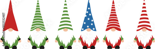 Festive Christmas Gnomes Vector Clipart Collection: Holiday Season Digital Graphic Assets for DIY Craft Projects, Merry Winter Decorations, and Patriotic Red, White, and Blue Designs.