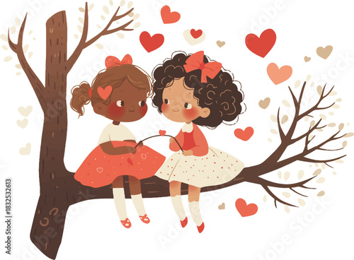 Friendship in Bloom: Two adorable girls sit together on a tree branch, surrounded by floating hearts, evoking feelings of affection, connection, and warmth.