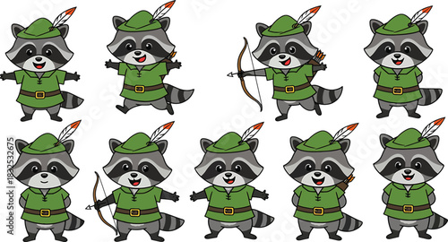 Cute cartoon raccoons dressed as Robin Hood with bows and arrows Keywords: raccoon, robin hood, archer, bow, arrow, forest, green, hat, feather