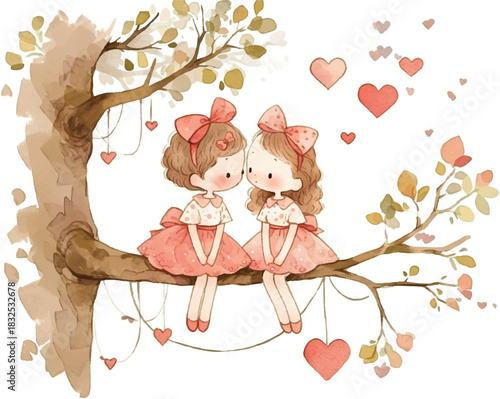 Twin Souls Embrace Under a Lover's Canopy: Two adorable figures, their hearts entwined, nestle on a whimsical tree branch amid gentle falling hearts. A perfect scene for expressing love and affection.