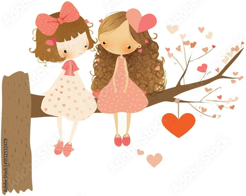 Sweetheart Silhouette: Two cartoonish girls share a tender moment perched on a tree branch, hearts blossoming around them. A gentle depiction of friendship and affection.
