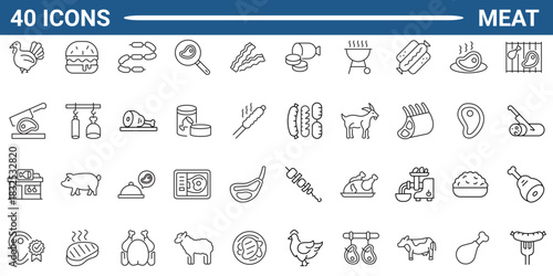 Meat line icon set. Includes steak, beef, ham, chicken, cow, ribs, sausage, and BBQ. Editable stroke. Vector illustration