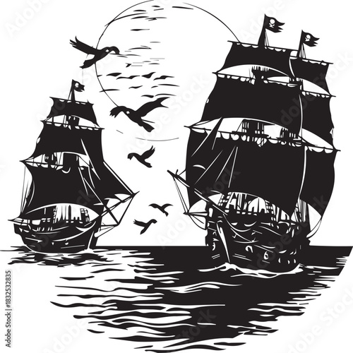 Sailing Ships under the Moon: Silhouetted against the night sky, two majestic ships sail across the water beneath the watchful gaze of the moon, with birds dancing above them.