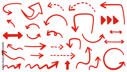 手描きのラフな矢印イラストセット（赤）